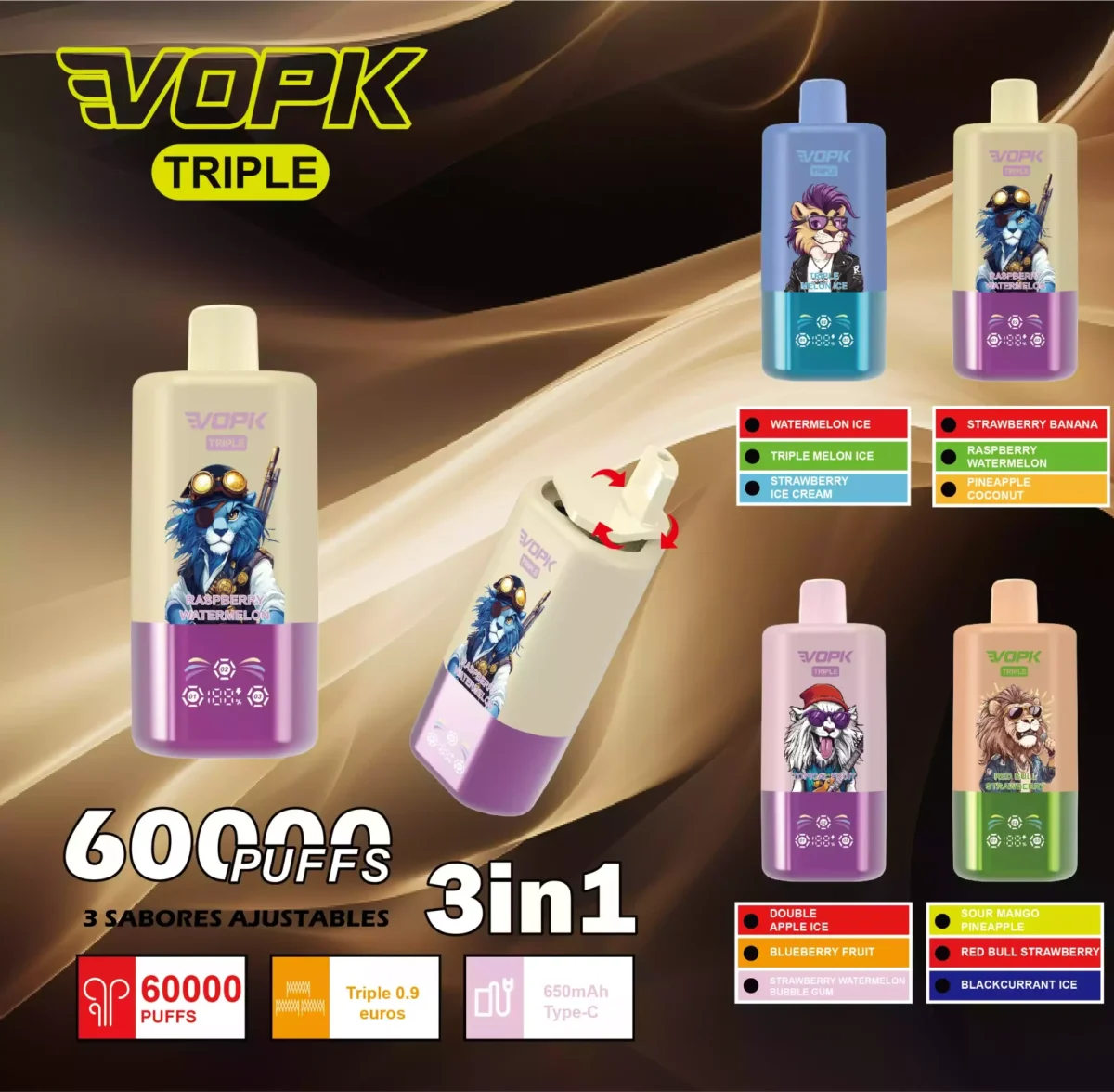 1 Vopk Triple 60K 60000 Puffs Disposable Vape | 3-in-1 Flavors, LED Display | Elevate Your Vaping Experience – Premium E-Cigarettes at MaxVapePro
