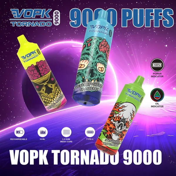 VOPK TORNADO 9000 Puffs Rechargeable Disposable Vape – 600mAh, Bottom LED, Low Nicotine 0% 2% 3% 5% – 2025 Hot Sale, Best Wholesale Price!