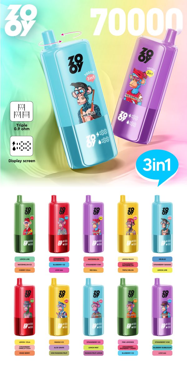 High Performance ZOOY TRIPLE 70000 Puffs Vape Featuring 3 Flavors and Type C Recharge Port
