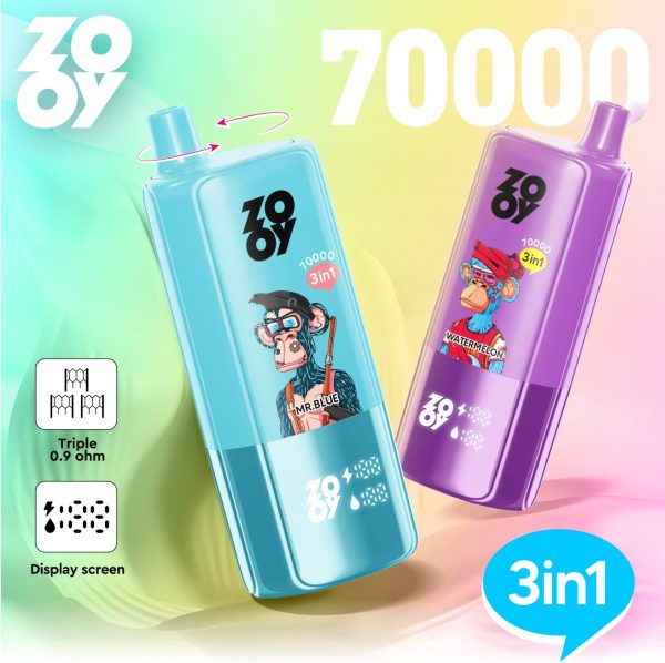ZOOY Triple 70000 Puffs 3-in-1 Rechargeable Disposable Vape – 70K Puffs, Smart Screen, 12 Flavors, 2/3/5% Nic, Wholesale Price