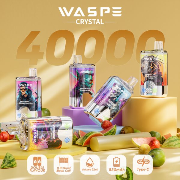 Best Quality Waspe Crystal 40000 Puffs Vape with 0%-5% Nicotine and Dual 0.9ohm Mesh Coils for 2025