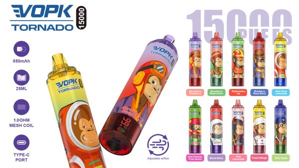 VOPK TORNADO 15000 Puffs Rechargeable Disposable Vape – Adjustable Airflow, LED Display, Low Nicotine 0% 2% 3% 5% – 2025 New Arrival, Bulk Buy & Save More!