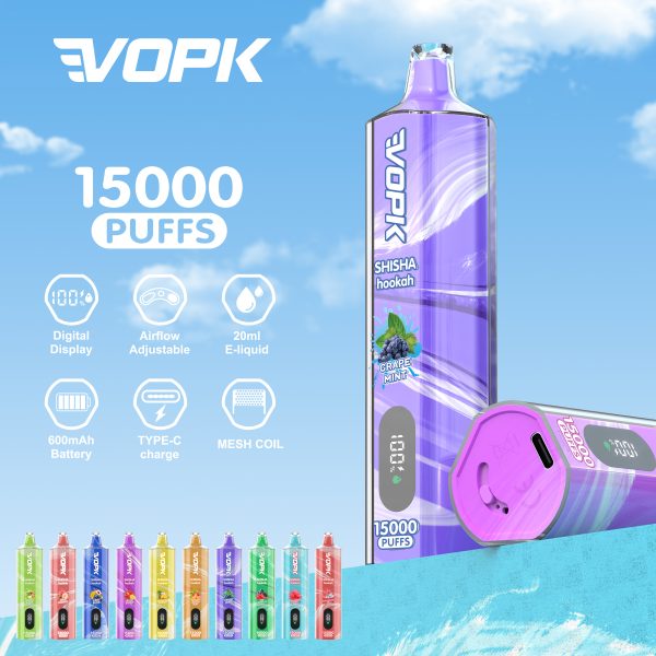 VOPK Shisha Hookah 15000 Puffs Rechargeable Vape Pen – Adjustable Airflow, LED Display, Low Nicotine 0% 2% 3% 5% – Hot 2025 Model, Bulk Purchase Discount!